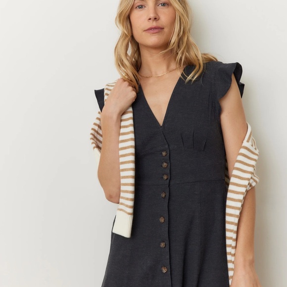 NWT! Marine Layer Linen Camila Midi Dress Black Large button down quiet luxury - Picture 3 of 7